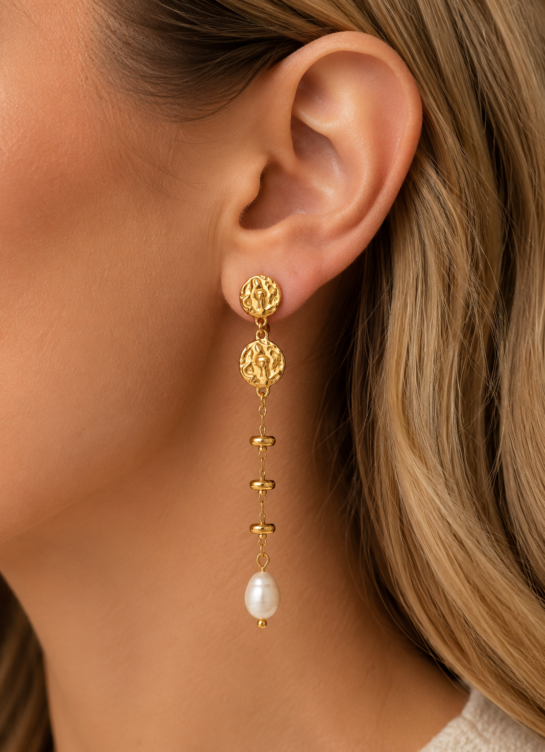 Pearl Hammered Disc Linear Earrings