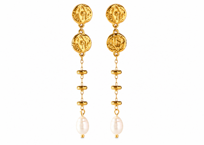 Pearl Hammered Disc Linear Earrings